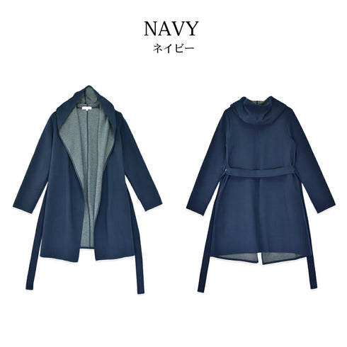 【日本製】 コート レディース フード付き ベルト付き 2way仕様 無地 ネイビー(FL22FW-006W-na)